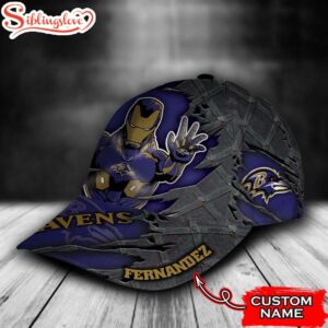 Custom Name NFL Baltimore Ravens Iron Man Logo All Over Print - Blue 3D Classic Cap