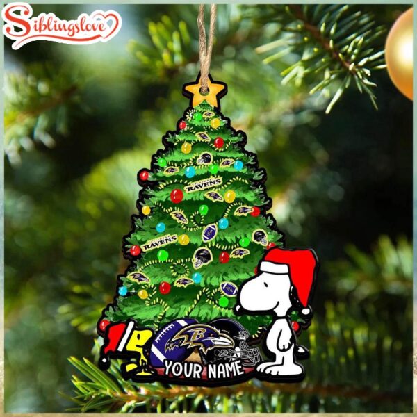 Custom Name NFL Baltimore Ravens Snoopy And Peanut Christmas Tree Ornament Hanging Decor