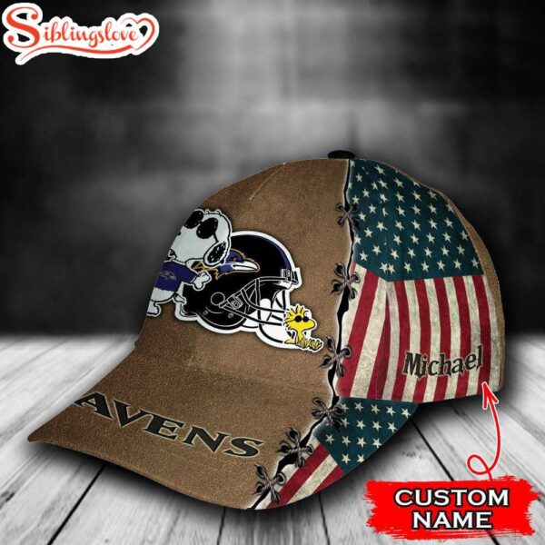 Custom Name NFL Baltimore Ravens Snoopy USA Flag All Over Print 3D Classic Cap