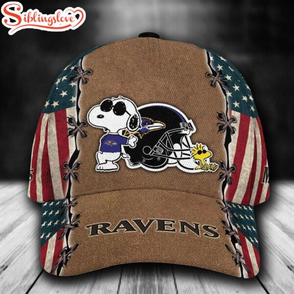 Custom Name NFL Baltimore Ravens Snoopy USA Flag All Over Print 3D Classic Cap