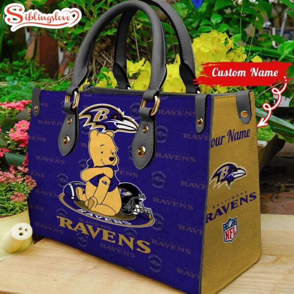 Custom Name NFL Baltimore Ravens Pooh Bear Leather Handbag For Fans