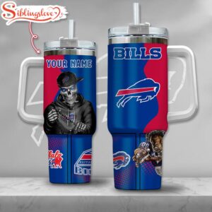 Custom Name NFL Buffalo Bills Gangster Skeleton Halloween 40oz Tumbler With Handle