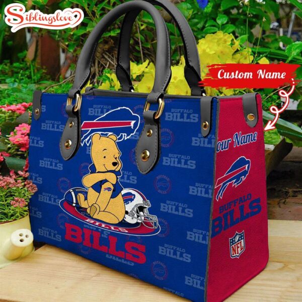 Custom Name NFL Buffalo Bills Pooh Bear Leather Handbag For Fans