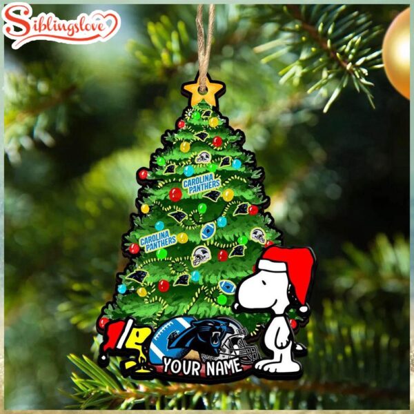 Custom Name NFL Carolina Panthers Snoopy And Peanut Christmas Tree Ornament Hanging Decor