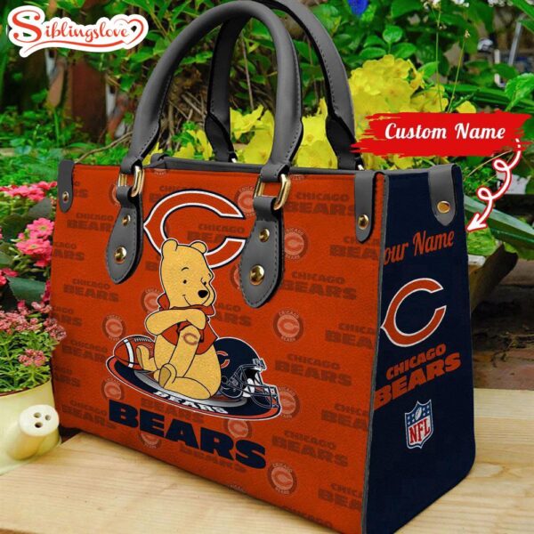 Custom Name NFL Chicago Bears Pooh Bear Leather Handbag For Fans