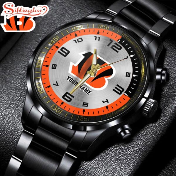 Custom Name NFL Cincinnati Bengals Black Stainless Steel Watch Gift For Fans