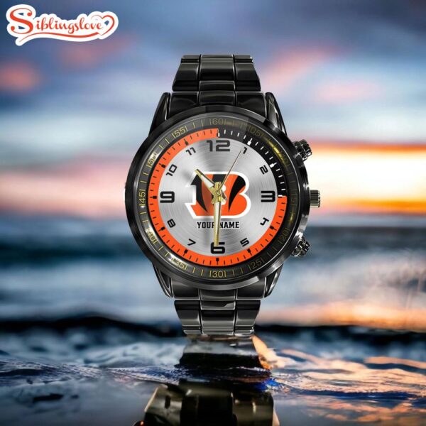 Custom Name NFL Cincinnati Bengals Black Stainless Steel Watch Gifts For Fans