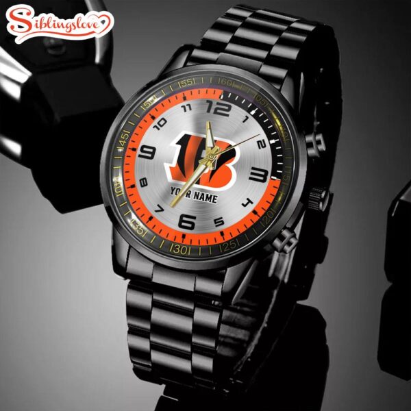 Custom Name NFL Cincinnati Bengals Black Stainless Steel Watch Gifts For Fans