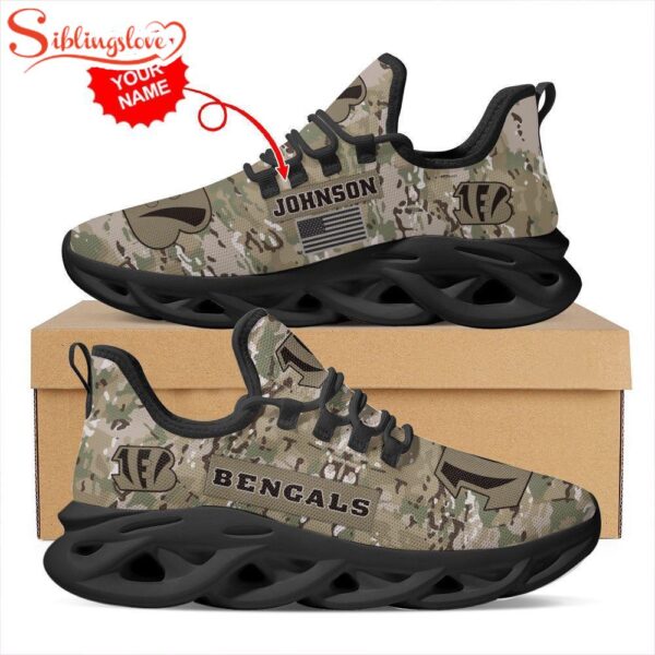 Custom Name NFL Cincinnati Bengals US Army Military Veteran Camouflage Max Soul Shoes