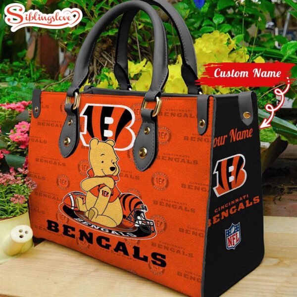 Custom Name NFL Cincinnati Bengals Pooh Bear Leather Handbag For Fans