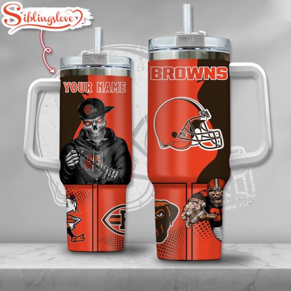 Custom Name NFL Cleveland Browns Gangster Skeleton Halloween 40oz Tumbler With Handle