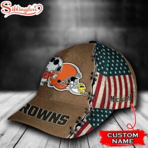 Custom Name NFL Cleveland Browns Snoopy USA Flag All Over Print 3D Classic Cap