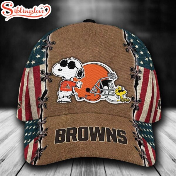 Custom Name NFL Cleveland Browns Snoopy USA Flag All Over Print 3D Classic Cap