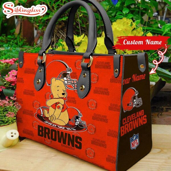 Custom Name NFL Cleveland Browns Pooh Bear Leather Handbag For Fans