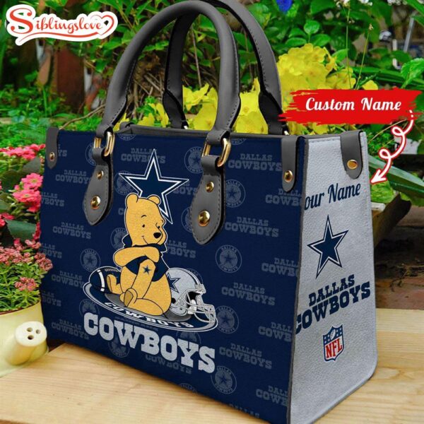 Custom Name NFL Dallas Cowboys Pooh Bear Leather Handbag For Fans