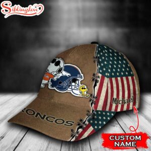 Custom Name NFL Denver Broncos Snoopy USA Flag All Over Print - Brown 3D Classic Cap