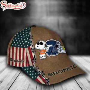 Custom Name NFL Denver Broncos Snoopy USA Flag All Over Print - Brown 3D Classic Cap