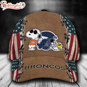 Custom Name NFL Denver Broncos Snoopy USA Flag All Over Print - Brown 3D Classic Cap