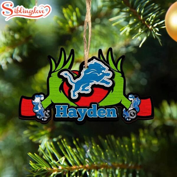 Custom Name NFL Detroit Lions Football Team Grinch Hand Christmas Ornament