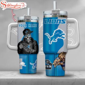 Custom Name NFL Detroit Lions Gangster Skeleton Halloween 40oz Tumbler With Handle