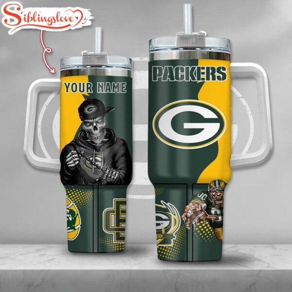 Custom Name NFL Green Bay Packers Gangster Skeleton Halloween 40oz Tumbler With Handle