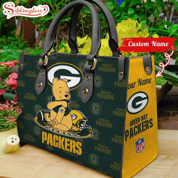 Custom Name NFL Green Bay Packers Pooh Bear Leather Handbag For Fans