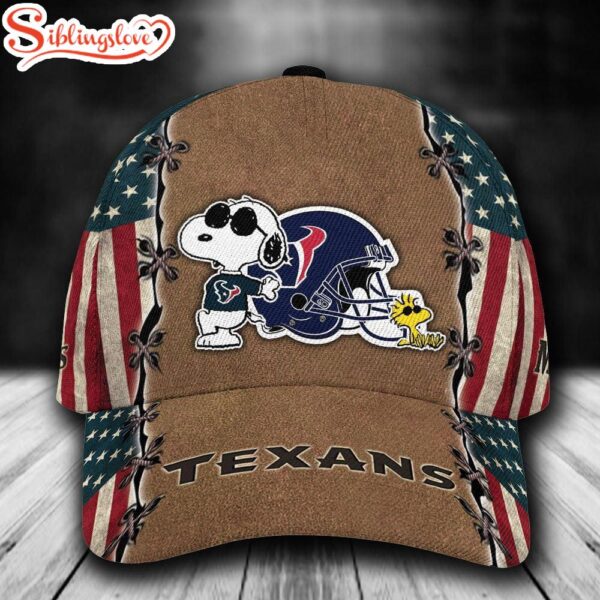 Custom Name NFL Houston Texans Snoopy USA Flag All Over Print – Brown 3D Classic Cap