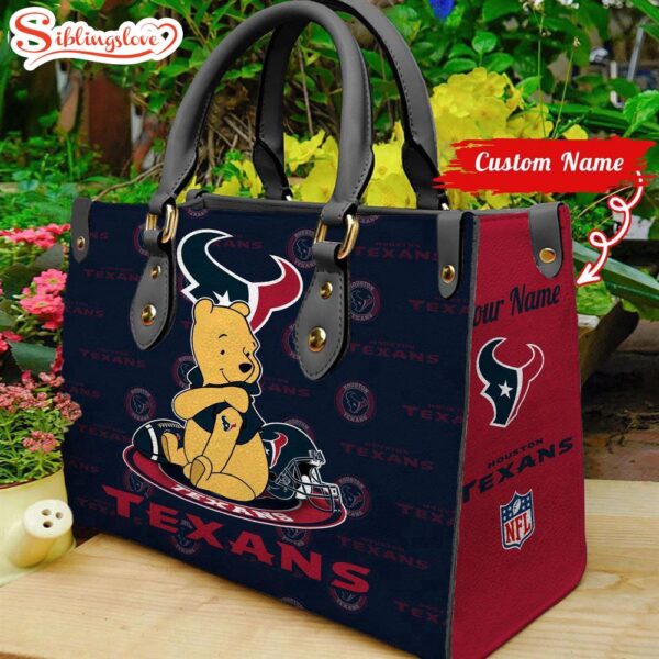 Custom Name NFL Houston Texans Pooh Bear Leather Handbag For Fans