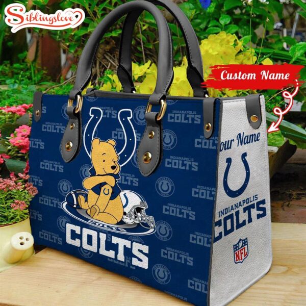 Custom Name NFL Indianapolis Colts Pooh Bear Leather Handbag For Fans