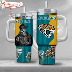 Custom Name NFL Jacksonville Jaguars Gangster Skeleton Halloween 40oz Tumbler With Handle