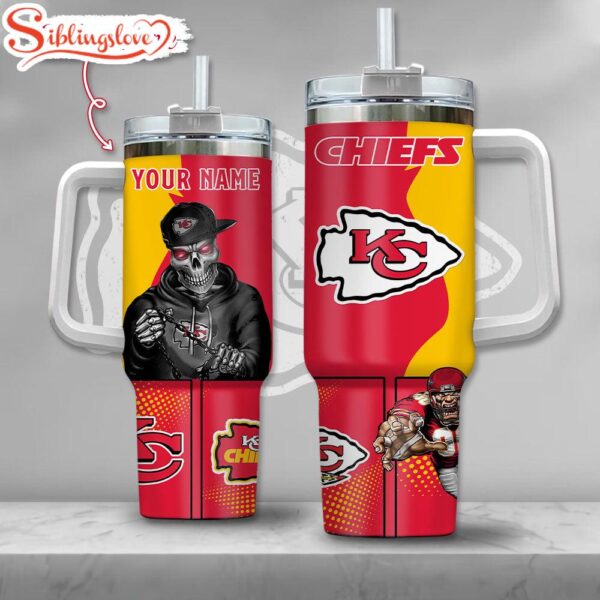 Custom Name NFL Kansas City Chiefs Gangster Skeleton Halloween 40oz Tumbler With Handle