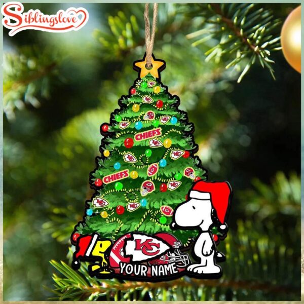 Custom Name NFL Kansas City Chiefs Snoopy And Peanut Christmas Tree Ornament Hanging Decor