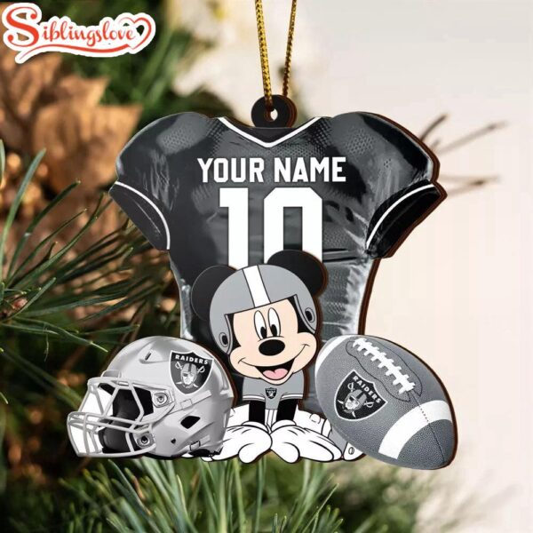 Custom Name NFL Las Vegas Raiders Football Mickey Mouse Christmas Ornament