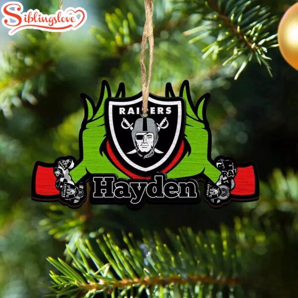 Custom Name NFL Las Vegas Raiders Football Team Grinch Hand Christmas Ornament