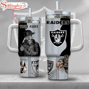 Custom Name NFL Las Vegas Raiders Gangster Skeleton Halloween 40oz Tumbler With Handle