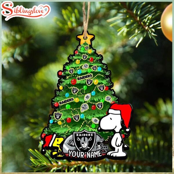 Custom Name NFL Las Vegas Raiders Snoopy And Peanut Christmas Tree Ornament Hanging Decor