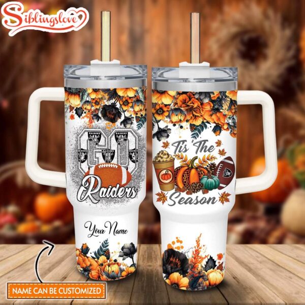 Custom Name NFL Las Vegas Raiders Tis’ The Season Custom Stanley Tumbler 40oz With Handle