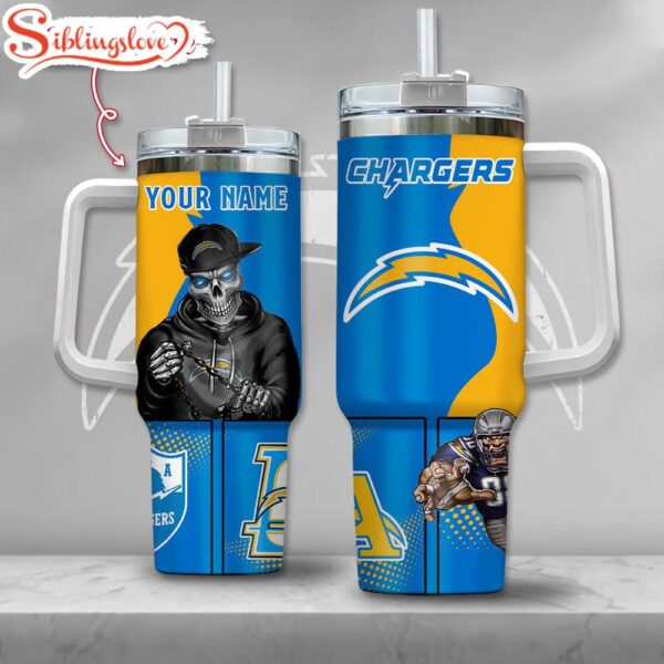 Custom Name NFL Los Angeles Chargers Gangster Skeleton Halloween 40oz Tumbler With Handle