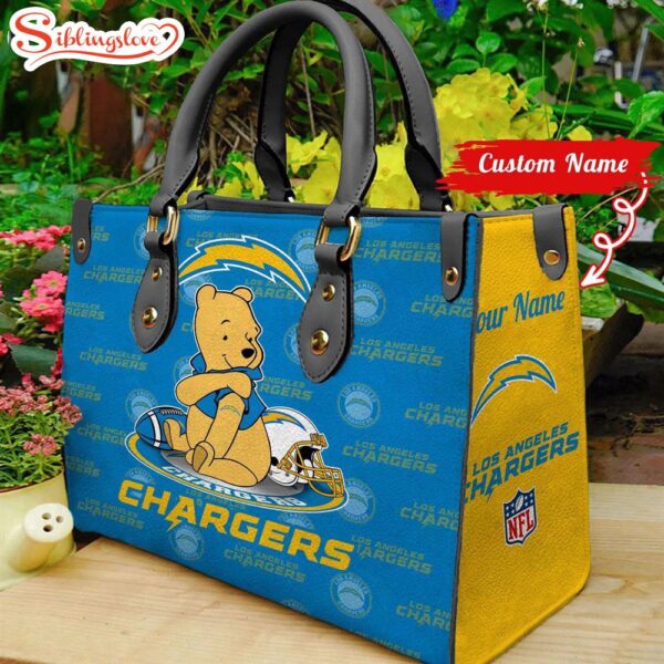 Custom Name NFL Los Angeles Chargers Pooh Bear Leather Handbag For Fans