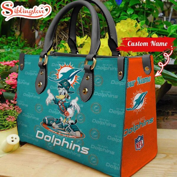 Custom Name NFL Miami Dolphins Donald Duck Leather Handbag For Fans