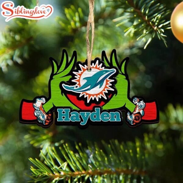 Custom Name NFL Miami Dolphins Football Team Grinch Hand Christmas Ornament