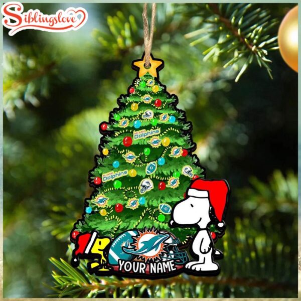 Custom Name NFL Miami Dolphins Snoopy And Peanut Christmas Tree Ornament Hanging Decor