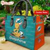 Custom Name NFL Miami Dolphins Pooh Bear Leather Handbag For Fans