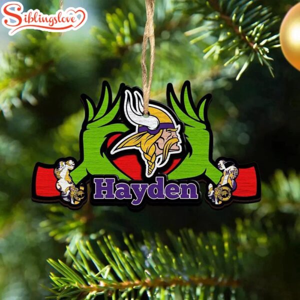 Custom Name NFL Minnesota Vikings Football Team Grinch Hand Christmas Ornament