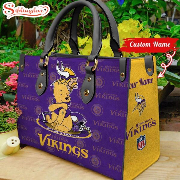 Custom Name NFL Minnesota Vikings Pooh Bear Leather Handbag For Fans