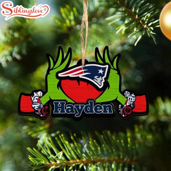 Custom Name NFL New England Patriots Football Team Grinch Hand Christmas Ornament