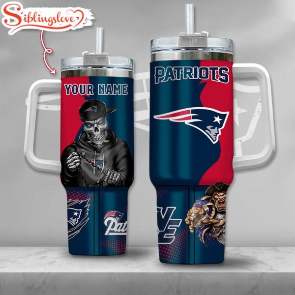 Custom Name NFL New England Patriots Gangster Skeleton Halloween 40oz Tumbler With Handle