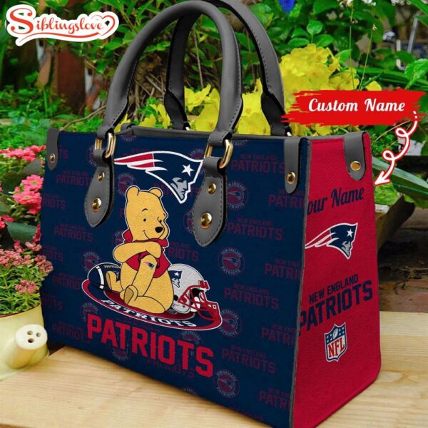 Custom Name NFL New England Patriots Pooh Bear Leather Handbag For Fans