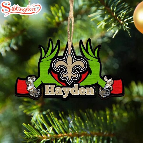 Custom Name NFL New Orleans Saints Football Team Grinch Hand Christmas Ornament