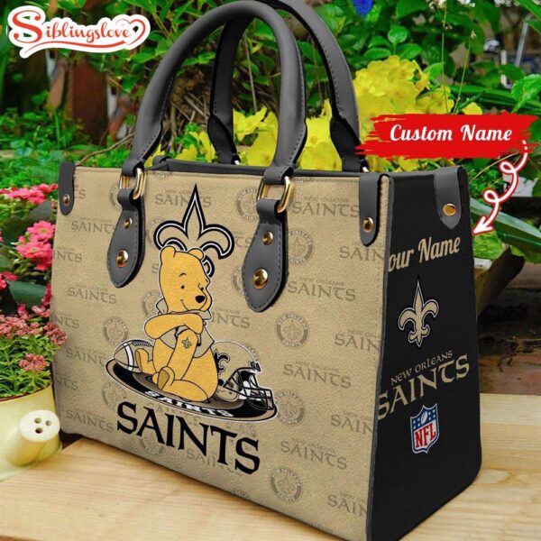 Custom Name NFL New Orleans Saints Pooh Bear Leather Handbag For Fans